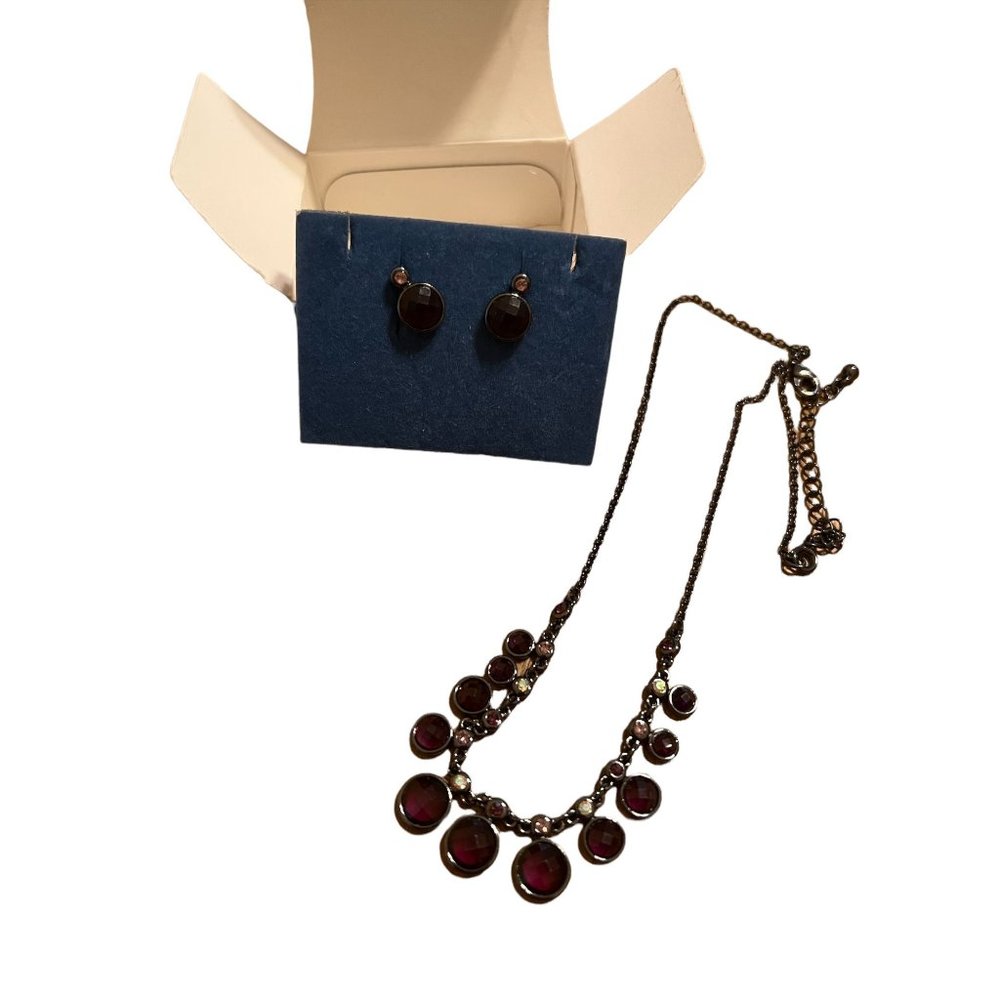 Vintage Avon Frontal Bezel Set Drop Necklace Earring Set Purple Gunmetal NEW